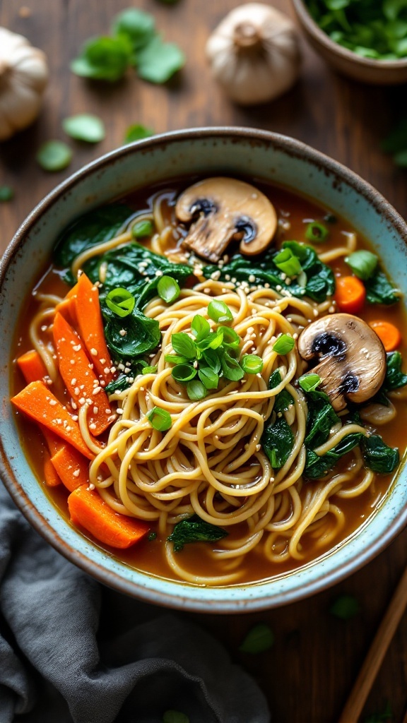 A cozy bowl of vegan garlic ginger miso noodle soup with carrots, spinach, and mushrooms, garnished with sesame seeds and green onions on a rustic table.